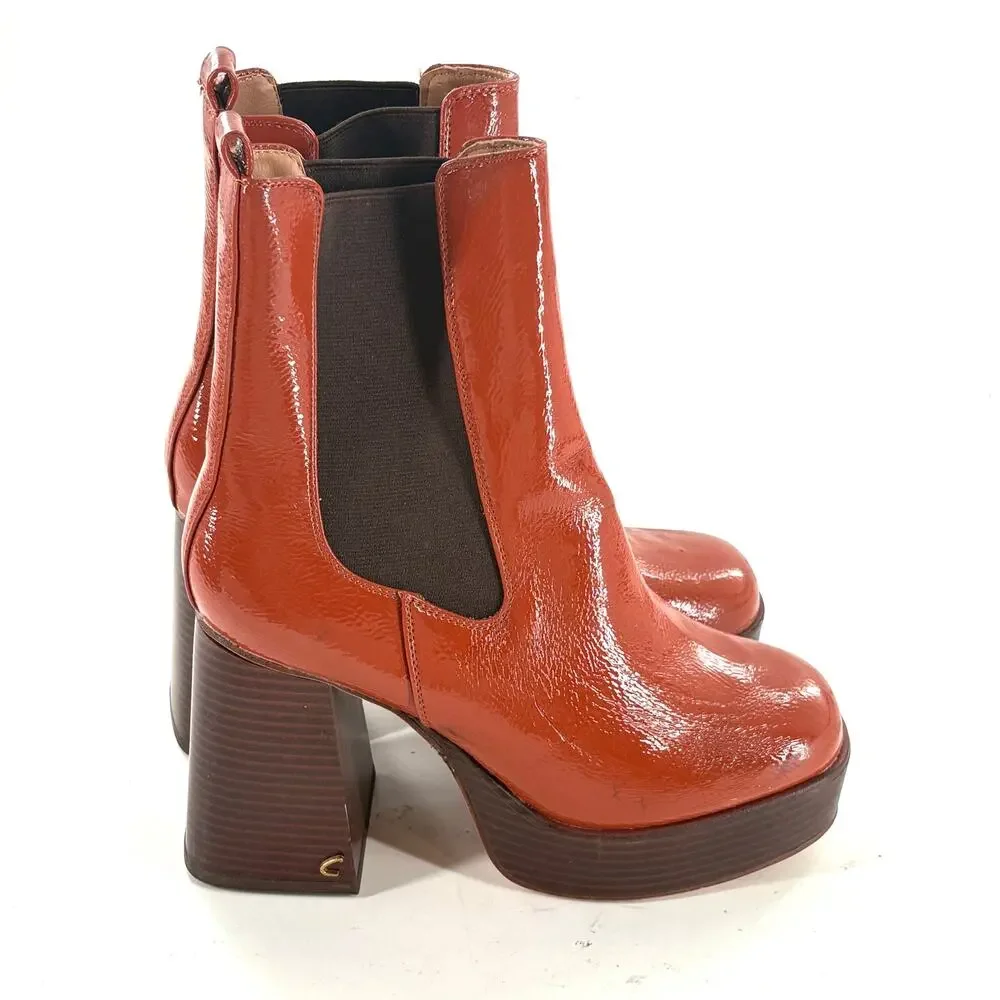 Sam Edelman Circus Stace Platform Booties 7 Cognac Brown Patent Ankle Boots